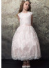 Cap Sleeves Lace Tulle Tea Length Flower Girl Dress